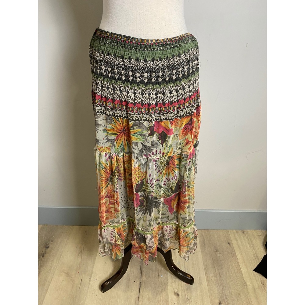 Lapis Women Green Floral Geometric Mesh Tiered Maxi Skirt Y2k Smocked Waist M